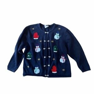 Vintage Ugly Christmas Sweater Large Navy Snowman Cardigan Holiday Mitten Womens